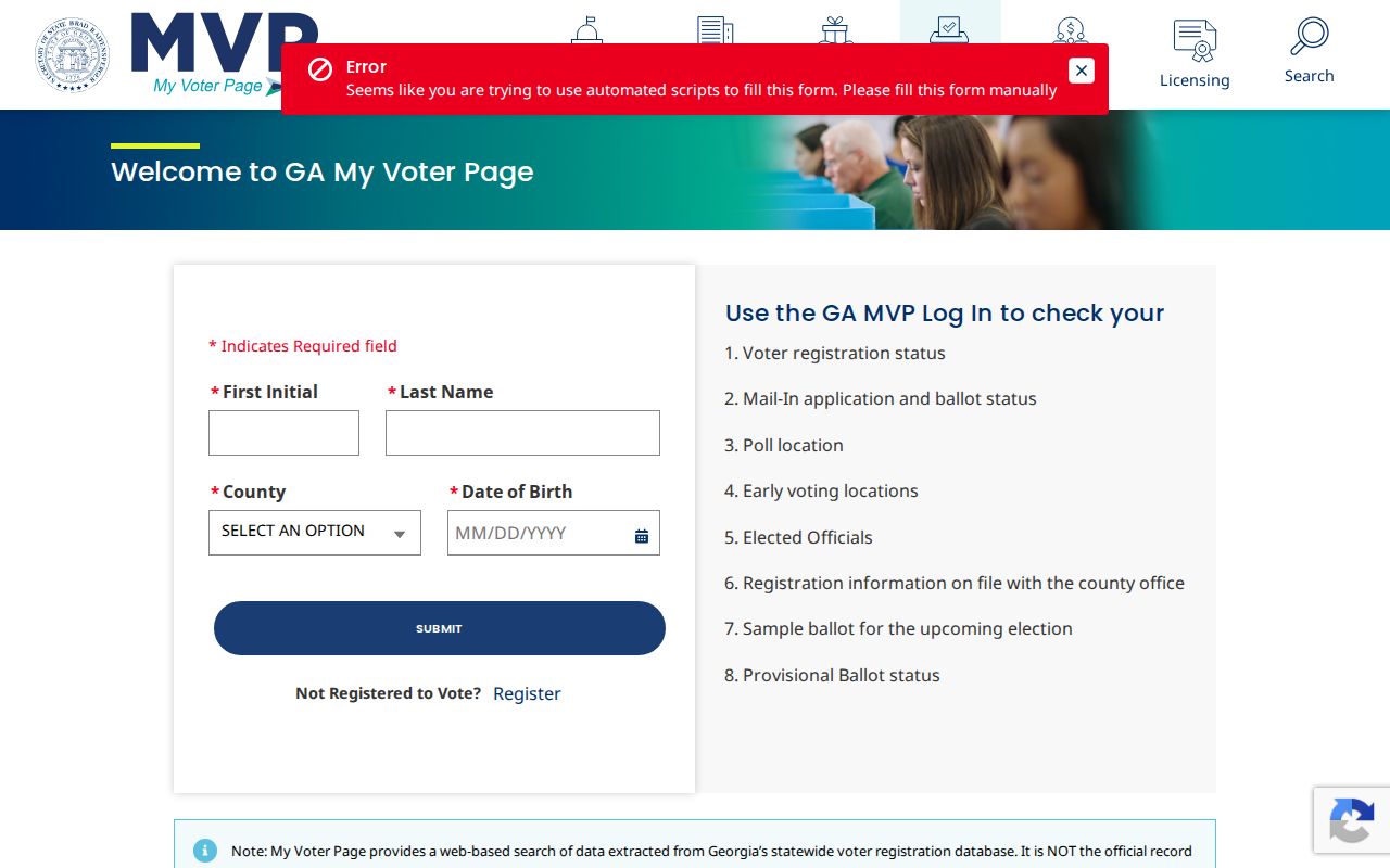 Woodstock voter registration search form on Georgia My Voter Page